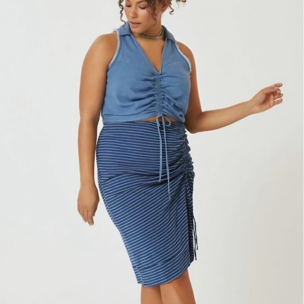 PILCRO | ANTHROPOLOGIE Blue White Stripe Knit Side Ruched Midi Skirt Women's 26